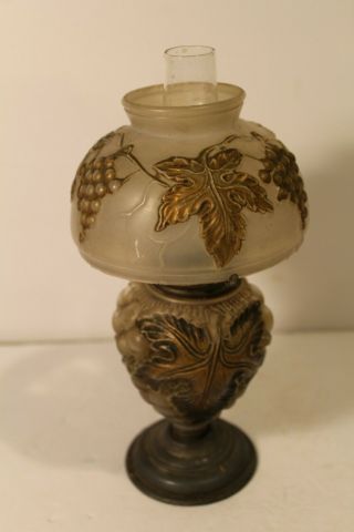 Antique Painted Goofus Glass Miniature Oil / Kerosene Lamp Grape Design