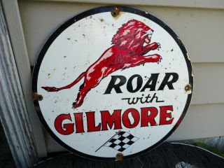 Old Vintage 1950s Roar With Gilmore The Red Lion Porcelain Pump Sign Motor Oil