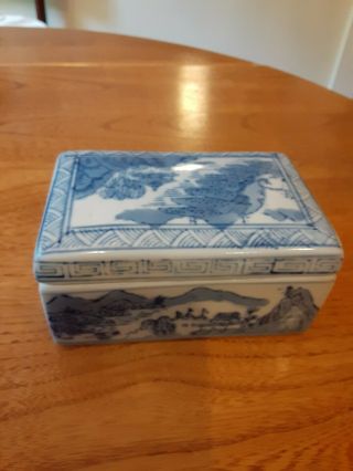 Vtg Chinese Porcelain Blue &white Trinket Box