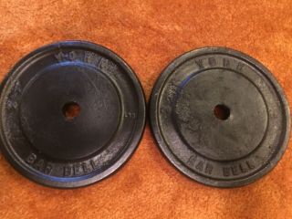 2 Vintage 20 Lb York Barbell Weight Plates Standard 1” Hole Dumbbells Pair 40 Lb