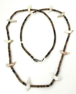 Navajo Vintage Heishi W/ Mother Of Pearl Carved Fetish Bird Necklace /27 " Length