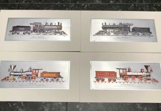 Vintage Robert Kern Historic Locomotive Train Silver Foil Color Etch Print Set 4