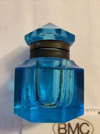 Antique Ice Blue Glass Inkwell Deep Cut Polished Base