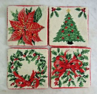 Vtg Handmade Wool Christmas Coaster Set Of 4 Needlepoint Classy Pointsettia