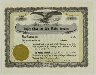 Vintage Paper Stock Certificate 100 Shares Empire Silver & Gold Mining Company