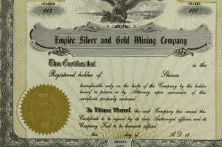 Vintage Paper Stock Certificate 100 Shares EMPIRE SILVER & GOLD MINING COMPANY 2