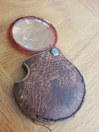 Vintage Folding Pocket Magnifying " Glass " Brown Leather Case,  Tortise Shell {05