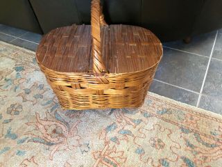 Vintage Large Woven Rattan Wicker Picnic Basket Double Hinged Lid Some Wear