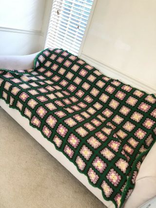 Vintage Boho Crochet Square Granny Throw Blanket Afghan Wool Blend Multicolor