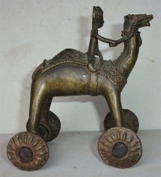 Antique Vintage India Brass Devotional Shrine Temple Toy Rider Camel On Wheels
