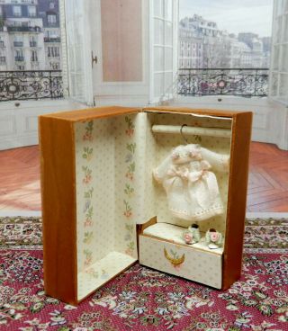 Vintage Miniature Doll Trunk W Dress Baby Shoes Artisan Miniature 1:12