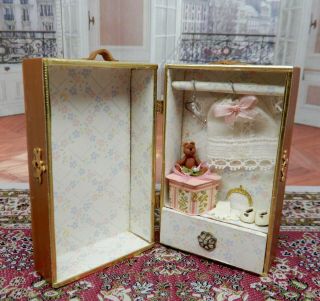Vintage Miniature Doll Trunk W Dress Shoes Bear Artisan Miniature 1:12