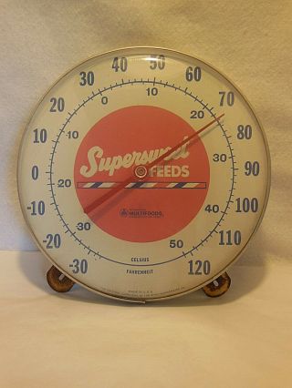 Vintage Supersweet Feeds Advertising Thermometer Round Metal & Plastic 12 "