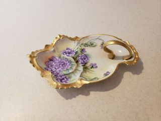Antique Hand Painted Violets Porcelain Artist Signed Handled Tray
