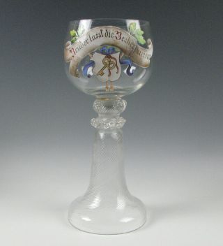 Large German Enamel Decorated Glass Goblet Antique Late 19th Century