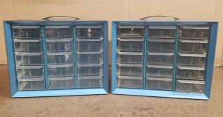 2 Vintage Akro - Mils Metal Stacking Parts Organizer Cabinets 15 - Drawer -