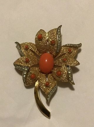 Vintage Crown Trifari Cabochon Faux Coral Rhinestone Flower Pin Brooch.  As/is