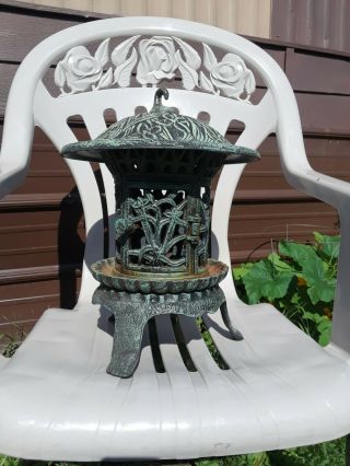Vintage Cast Iron Pagoda Lantern Lamp Candle Holder Three Hearts On Roof 16 "