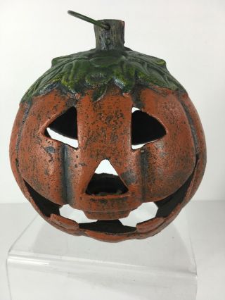 Vintage Cast Iron Heavy Jack - O - Lantern Pumpkin Tea Light Candle Holder Halloween