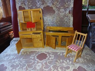 Vintage Doll Wood Wooden Kitchen Hutch Dry Sink Cupboard Dollhouse Chair