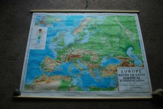 Large Vintage Philips School Wall Map Of Europe Relief And Political 1970