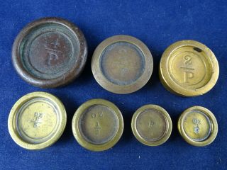 Good Selection Of 7 Antique Victorian Brass Weights For Mordan Postal Balance