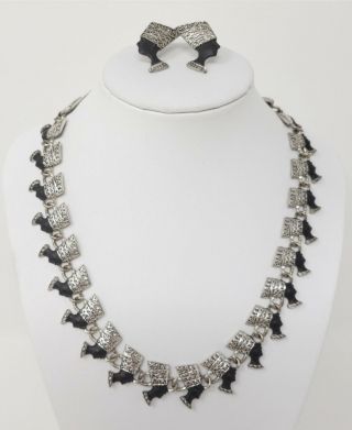Vintage Nefertiti Silver Tone Black Enamel Link Necklace & Earrings Set