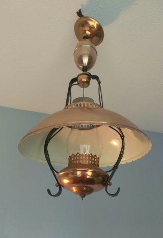 Vintage Mid Century Modern Adj.  Copper Hanging Hurricane Lamp W/ Hurricane Globe