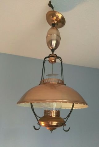Vintage Mid Century Modern Adj.  Copper Hanging Hurricane Lamp w/ Hurricane Globe 2