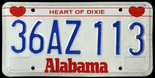 Alabama C.  1990 License Plate 36az 113 ❤==heart Of Dixie==❤ (36 = Hale County)
