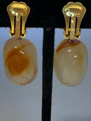 Vintage Kenneth Lane Gold Tone & Polished Stone Dangle Drop Clip on Earrings EC 3