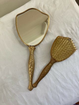 Vintage Gold Tone Ornate Hand Held Mirror & Brush Vanity Set W/ Flowers And Dove