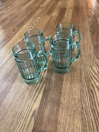 4 Vintage 5 5/8 Light Green Glass Vertical Ribbed Mugs