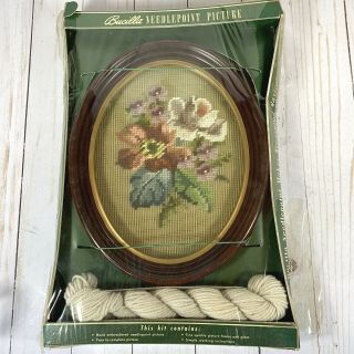 Vintage Bucilla Needlepoint Picture Kit 9257 Floral Mahogany Wool Yarn Kit