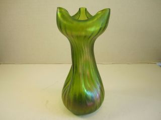Antique Green Iridescent Pinched With Tri Corner Shaped Top Loetz Glass Vase