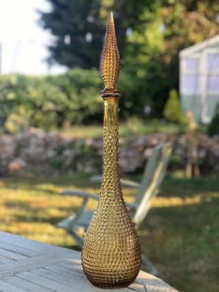 Vintage Amber Diamond Cut Vintage Mcm Italian Empoli Genie Bottle Decanter Glass