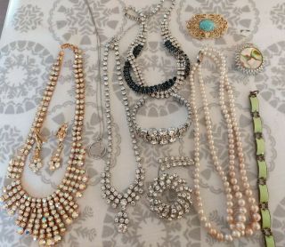 11pc Vintage Costume Jewellery Necklaces Diamante Brooch By Exquisite,  Bracelet