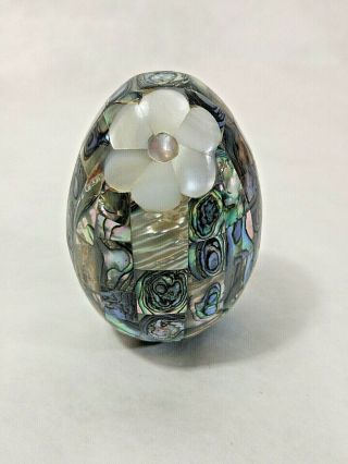 Vintage Paua Abalone Egg Mosaic Faceted Figurine Luminous White Flower Accent