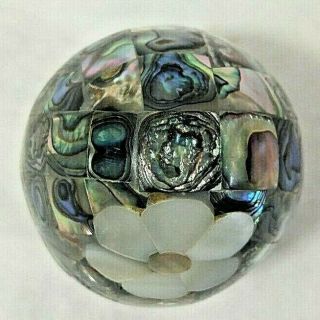 Vintage Paua Abalone Egg Mosaic Faceted Figurine Luminous white Flower accent 2