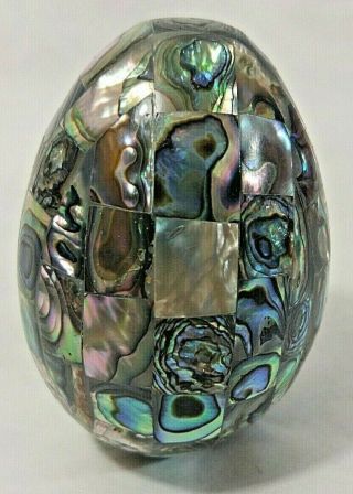 Vintage Paua Abalone Egg Mosaic Faceted Figurine Luminous white Flower accent 3