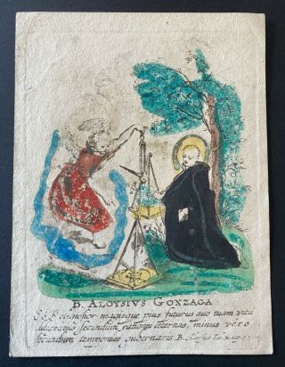 Engraving Antique 18th? Cent Holy Card Hand Paint On Paper Aloysius Gonzaga Sign