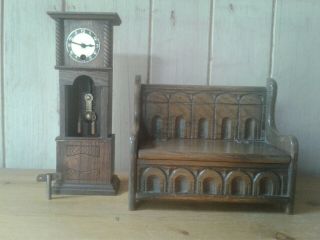 Antique Treen Folk Art Miniature Grandfather Clock And Settle Musicbox