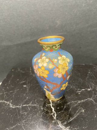 Vintage Chinese Blue Cloisonne Enamel & Metal Vase Cherry Blossom 3 1/2 "