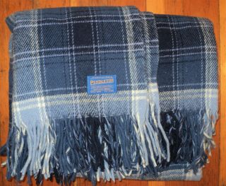 Vintage Blue Plaid Pendleton Wool Blanket Throw Lap Rug Usa 54 " X 72 ",  Fringe