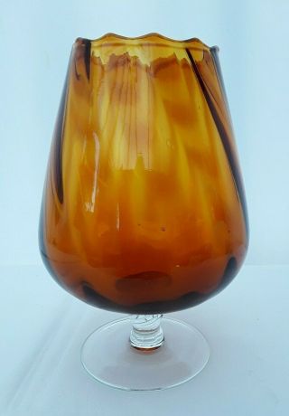 Amber Vintage Retro Italian Empoli Ribbed Optic Brandy Balloon Art Glass Vase