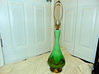 Vintage Mcm Mid Century Modern Green On Green Drip Glaze Ceramic Table Lamp