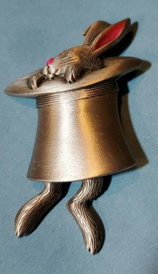 Vintage Jj Jonette Jewelry Pewter Rabbit In Magicians Hat Brooch Pin Dangle Legs