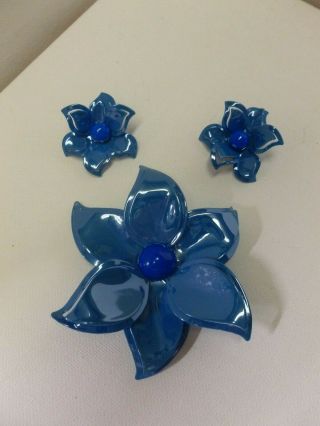 Vintage Two Shade Of Blue Enamel Star Flower Brooch & Clip On Earrings