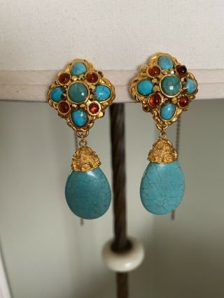 Vintage Jose Maria Barrera Gold Tone Turquoise Clip Earrings