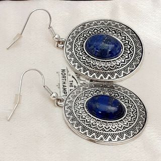 Vintage Art Deco Style Lapis Lazuli Gemstone Large Drop Dangle Pierced Earrings